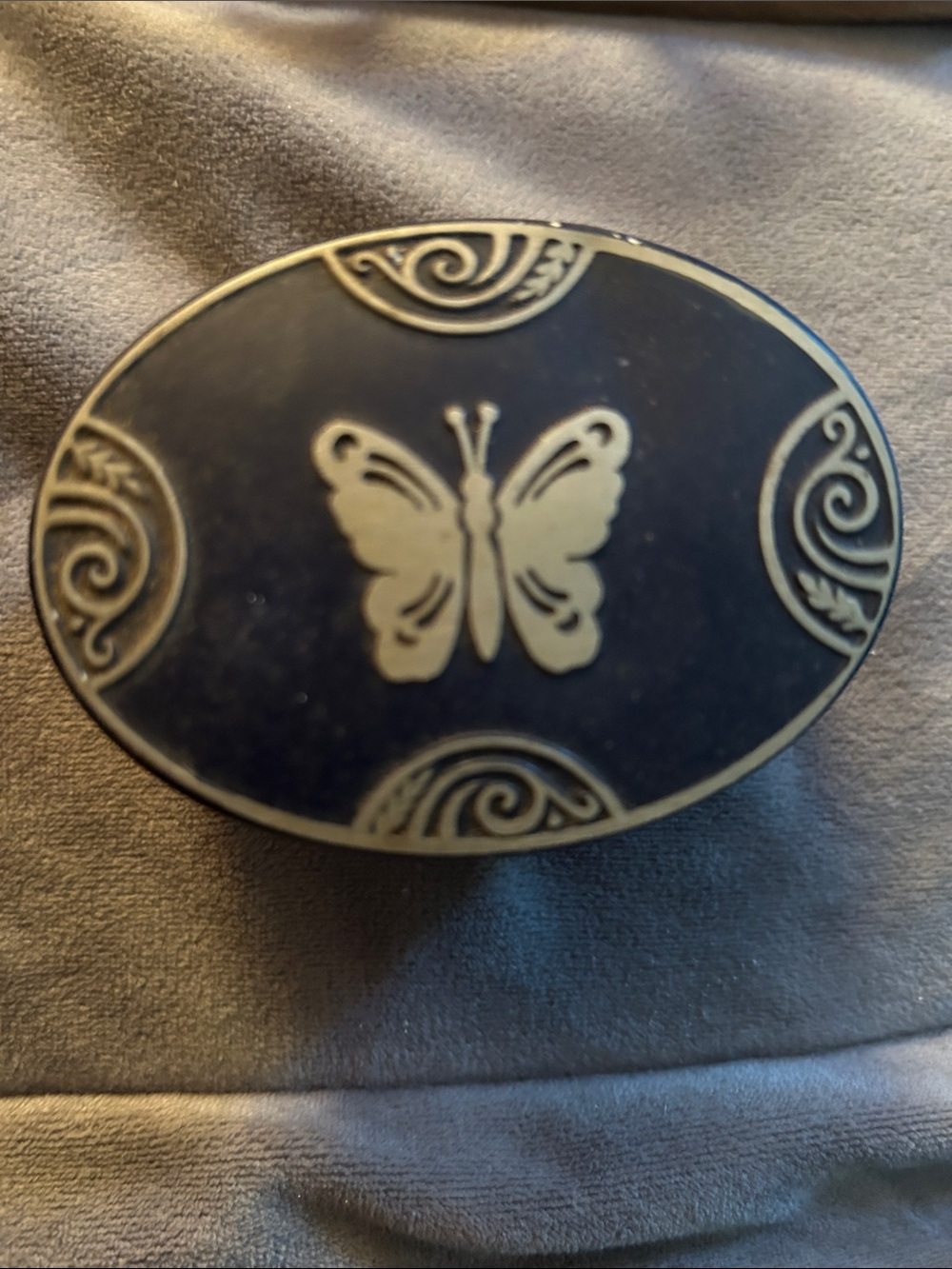Decorative Oval Butterfly Trinket Box in Blue & Gold Lucretia Vanderbilt art nev